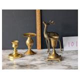 3 Brass Candle Holders and Deer/Stag