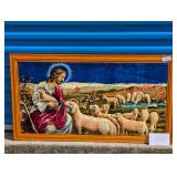 Awesome 2D Fabric Jesus and Lambs Framed Art Piece
