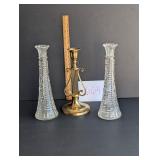2 Glass Bud Vases & Brass Harp Motif Candle Holder