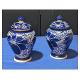 2 Blue  & White Ceramic Urns with Lids