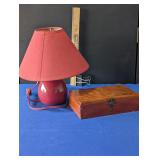 Wooden Box and Small Maroon Ceramic Lamp