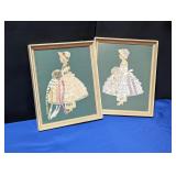 Pair Vintage Framed Ribbon Work/Lace Paper Dolls