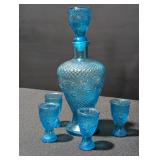 Vintage Turquoise Glass Decanter & Cups