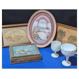 Framed Art, Wood Box, Milk Glass Compote & Planter