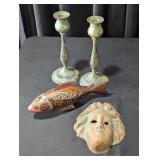 Clay Mask, Wooden Fish, & 2 Green Candleholders