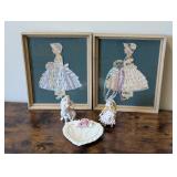 Vtg Victorian Lady Ribbon Art, Figurines & Tray