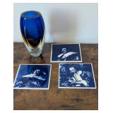 MCM Sommerso Cobalt Style Vase & 3 Delft Tiles