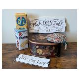 Wooden Painted Box, Vintage Tins, Wall Signs