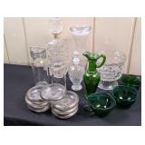 Vintage Decanter, Bottles, Green Avon Pitcher, etc