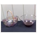 2 Glass Bowls: One with Handle and Fruit Design
