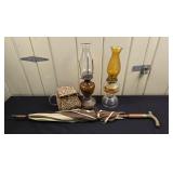 Vintage Oil Lamps, Cane/Walking Stick Umbrella etc