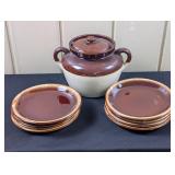 McCoy Pottery Bean Pot and 8 Drip Glaze Plates