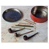 Antique Clay Pipe, 2 Wooden Vintage Tobacco Pipes