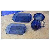 2 Cobalt Blue Pyrex Casserole Dishes & Pitcher