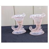 2 Rose Pink Fenton Etched Cornucopia Candleholders
