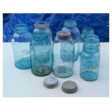 8 Vintage Blue Mason Jars: Ball & Swayzee, Lids