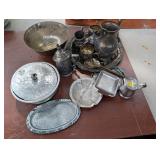 Box Lot: Silver Plated Serving Set, Brass Bowl etc