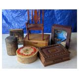 Vintage Metal Tins, Doll Chair, etc