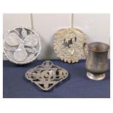 Vintage Metal Trivets & Brass Cup with Pointer Dog