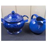 Blue Ceramic Soup Tureen with Ladle & Pitcher
