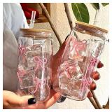 500ml Cute Bow Glass Cup Tumbler Mason Jar...