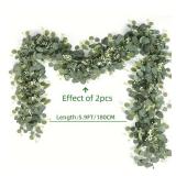 Faux Eucalyptus Garland With White Flowers -...