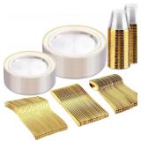 $47 bUCLA 150Pcs Clear Gold Plastic Dinnerware...