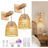 $74 Rattan Wall Sconces Battery Operated, Boho...