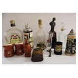 2 Trays of Decanters & Man Cave Items