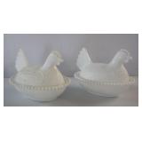 2- Milk Glass Hen On Nest