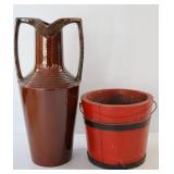 Ceramic Vase & Painted Wooden Pail