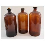 3 Amber Pharmacy Bottles