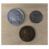 1857 Half Dime, 1944 Wheat Penny, Buffalo Nickel