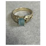 Size 9 Sterling Emerald Cut Blue Ring
