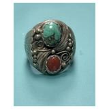 925 Turquoise and Coral Pawn Ring Size 11