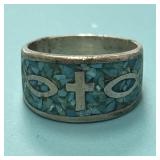 925 Christian Cross and Fish Turquoise Inlay