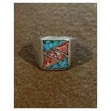 Size 11.5 Sterling Turquoise and Coral Inlay Ring