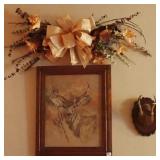 Deer Picture, Fork Horn Mount & Flower Swag