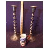 Brass Candle Stick Holder & Hand Painted Cup