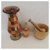 Handmade Wood Vase, & Mortar & Pedestal