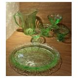 Green Depression Pitcher, Plate & Sherbet Dishes