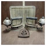 2 Gas Irons & Glass Dish