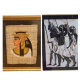 Cleopatra Papyrus & Tribal Warrior Fabric Textile Art, Framed