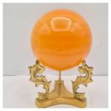 4-Inch Orange Quartz Orb on Brass Scroll Leaf Display Stand