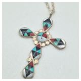 Zuni Stone Inlay Cross Necklace - Hallmarked CJ ($200+)