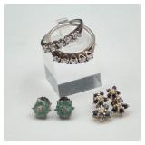Sapphire & Emerald Earrings, Sparkly Clear 5-Stone Rings 925