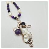 Artisan Necklace - Amethyst, Onyx & Genuine Pearl