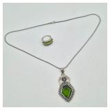 Intense Green Glass Pendant, Faceted Green & Opal-like Stone Ring 925