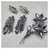 Jet Black Rhinestone Brooch, Earrings - Weiss