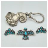 Zuni Turquoise Sterling Thunderbird Pin, Earrings & Waist Clip